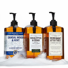 Body Prescriptions Crimson & Oak front packaging showing three pump bottles and clear labeling with scents.