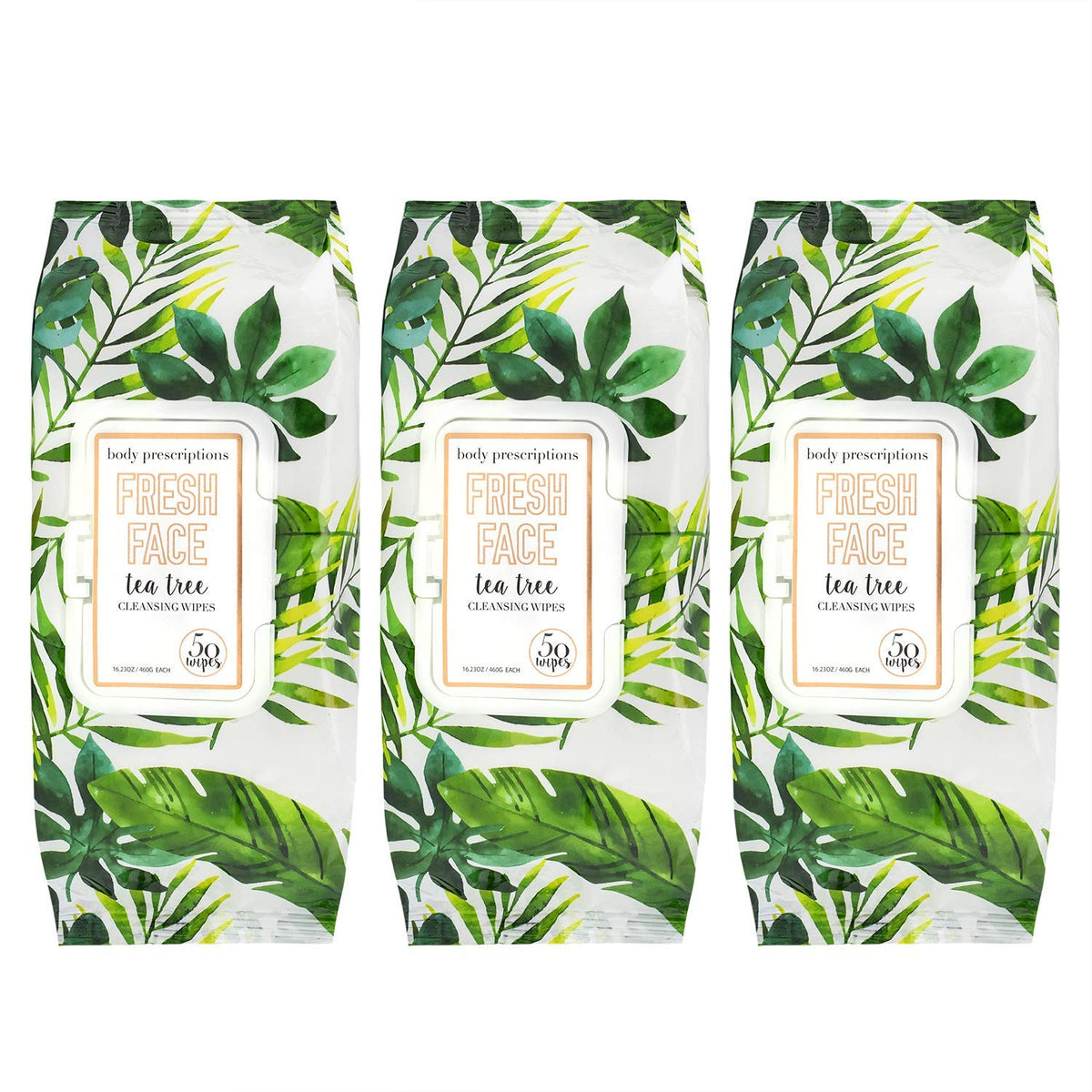 Body Prescriptions front pack view showing tea tree wipes for fast cleansing