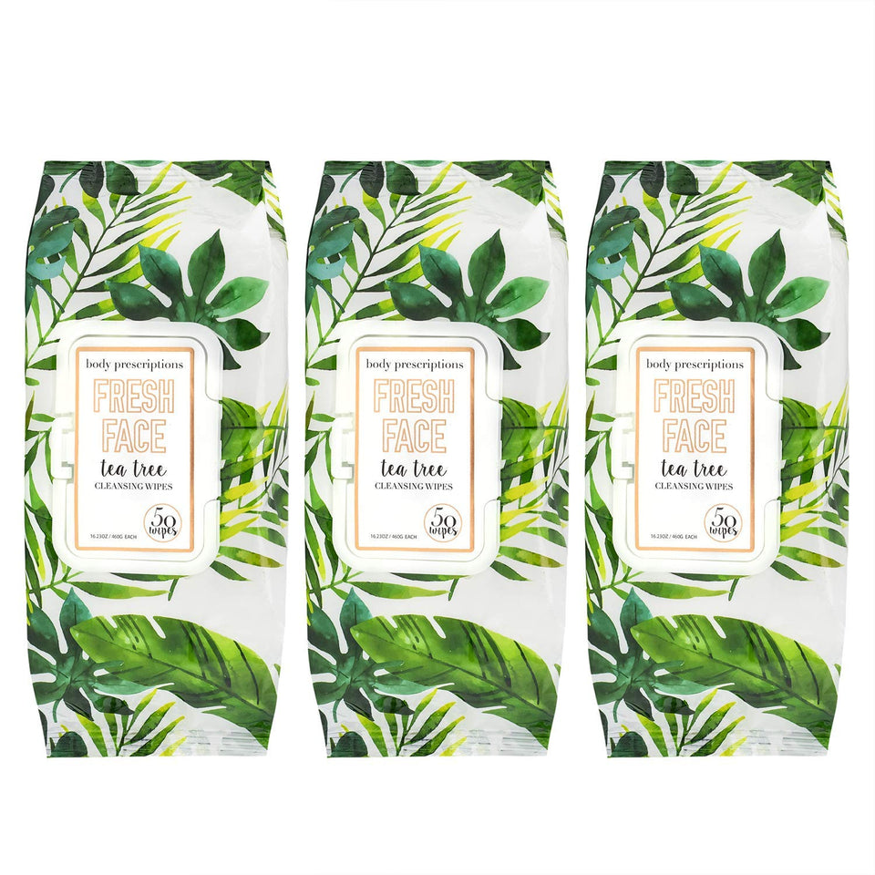 Body Prescriptions front pack view showing tea tree wipes for fast cleansing