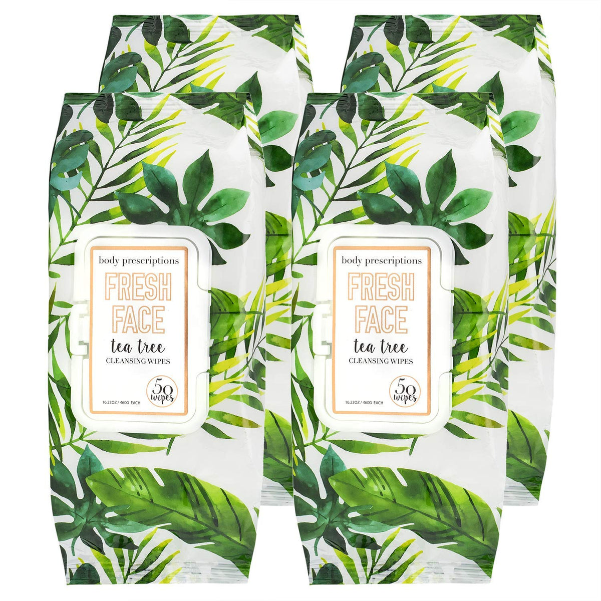 Body Prescriptions front packaging showing 4-pack and tea tree benefit