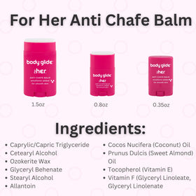 Hand holding BodyGlide For Her showing both 1.5oz and 0.35oz sizes