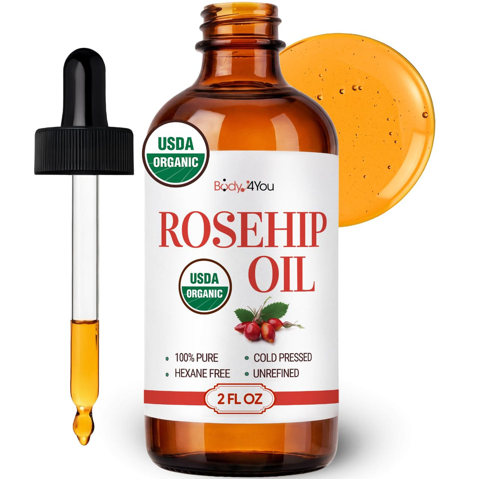 BodyJ4You front glass bottle shows pure organic rosehip oil benefit hydration