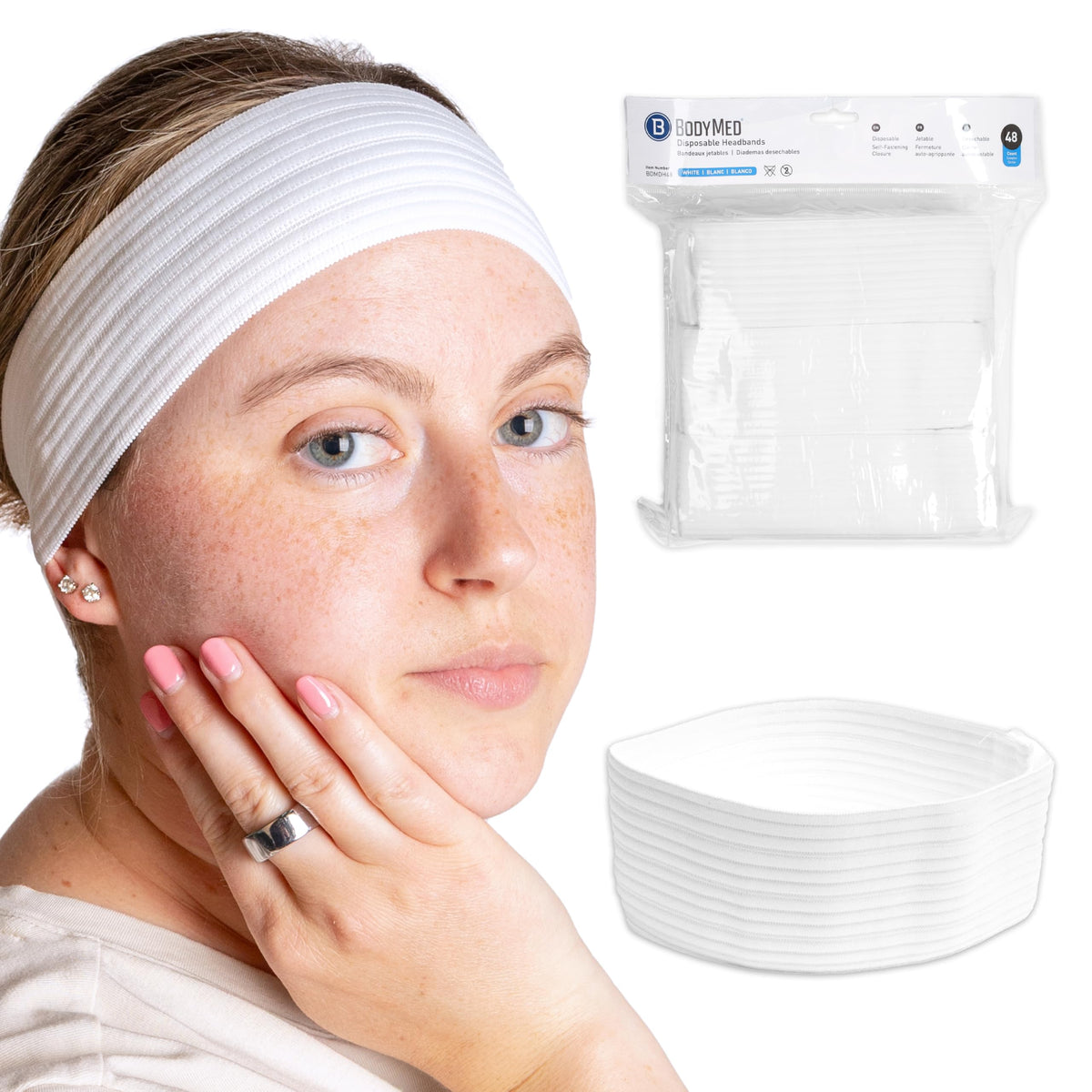 BodyMed front packaging showing 48-count headbands for hygienic convenience