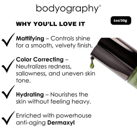 Bodyography primer swatch on hand shows color-correcting green and blendability