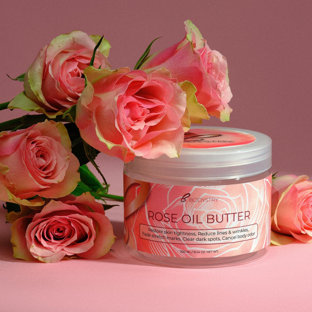 Bodystry label close-up highlighting rose oil and shea butter ingredients