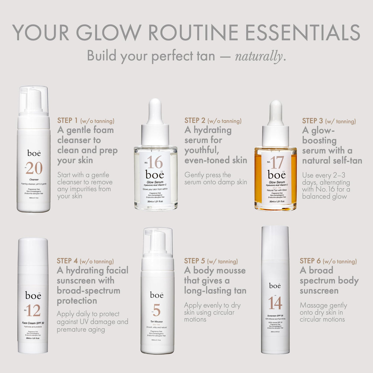 Boë before and after subtle glow comparison illustrating natural-looking tan