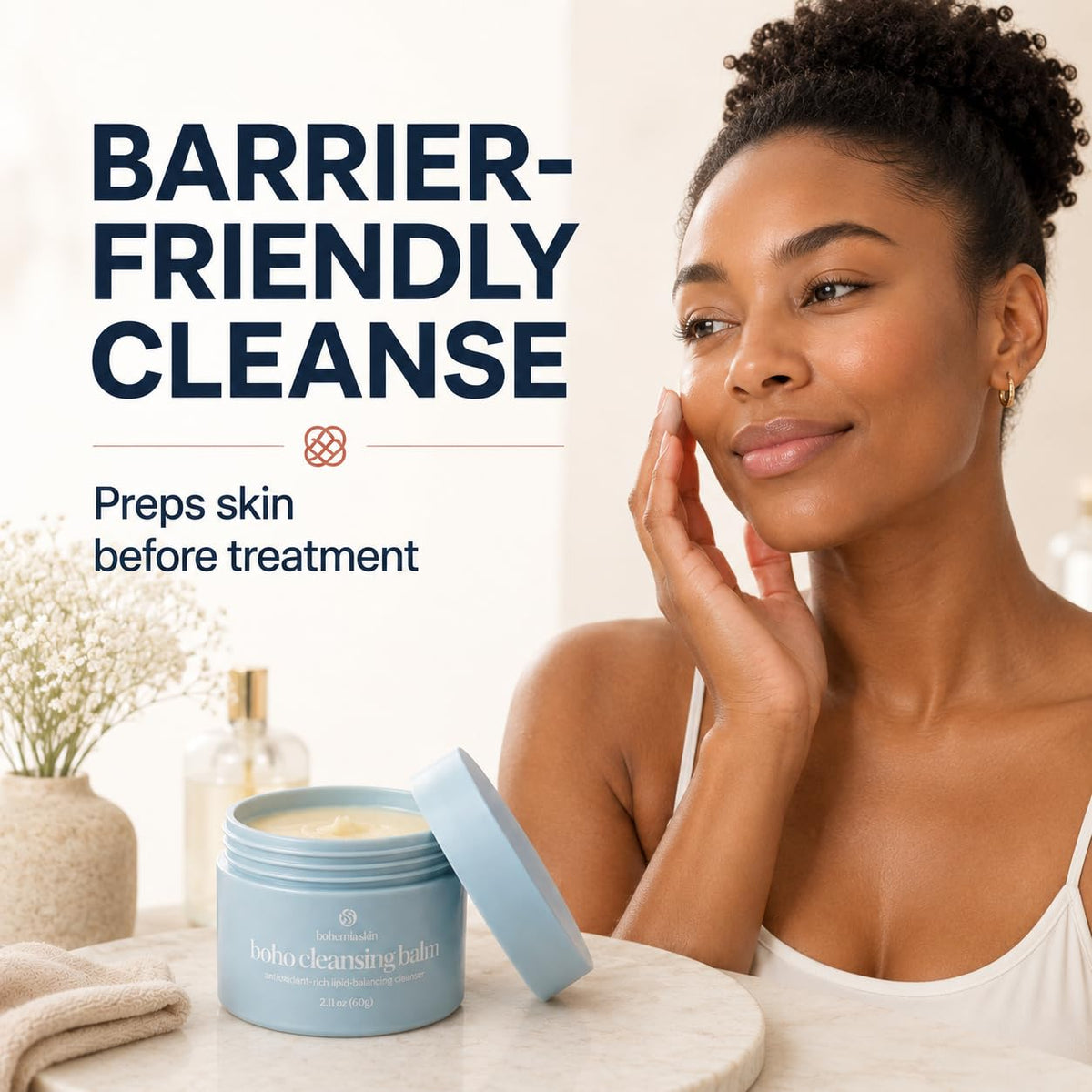 Bohemia Skin balm on bathroom vanity with towel showing gentle cleansing in daily routine