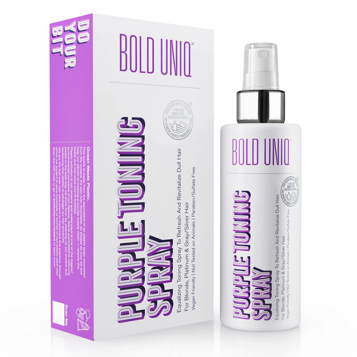 BOLD UNIQ front bottle showing toner spray and branding benefits