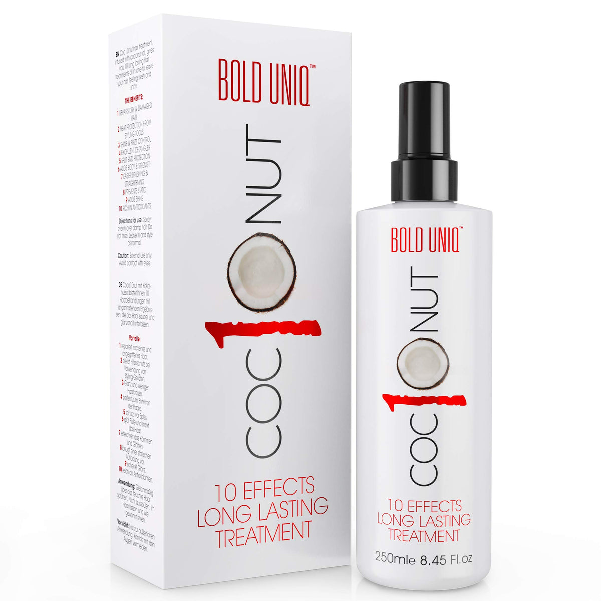 BOLD UNIQ front bottle view showing coconut spray and benefits