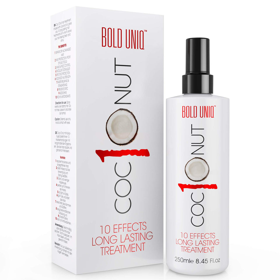 BOLD UNIQ front bottle view showing coconut spray and benefits