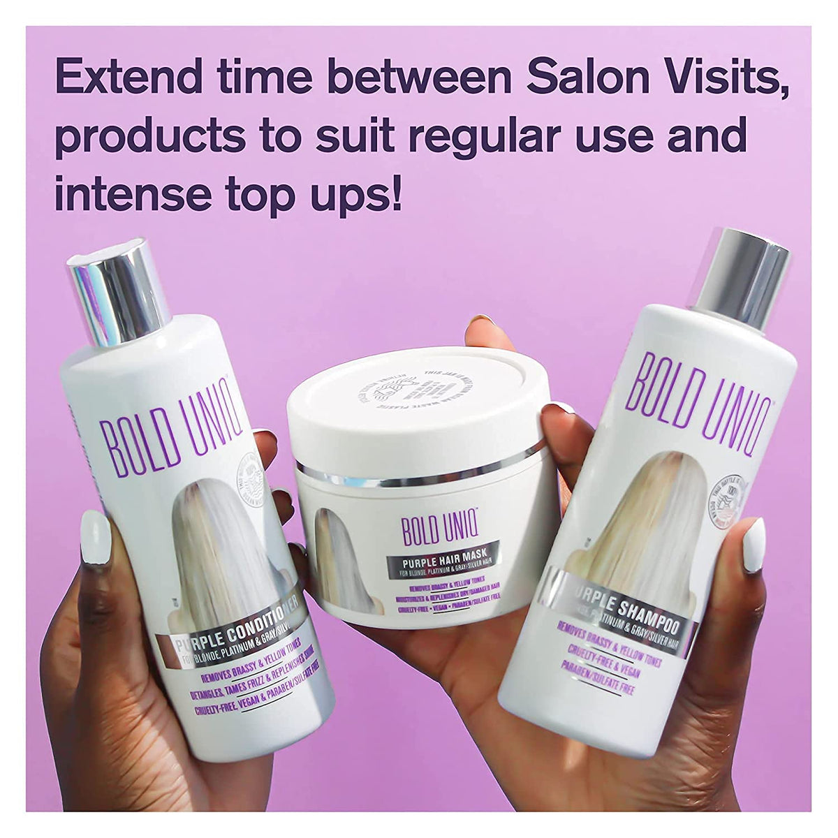 BOLD UNIQ mask applied in salon chair showing intensive treatment for dull brassiness