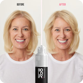 Boldify being applied to roots demonstrating instant volume and reduced oiliness