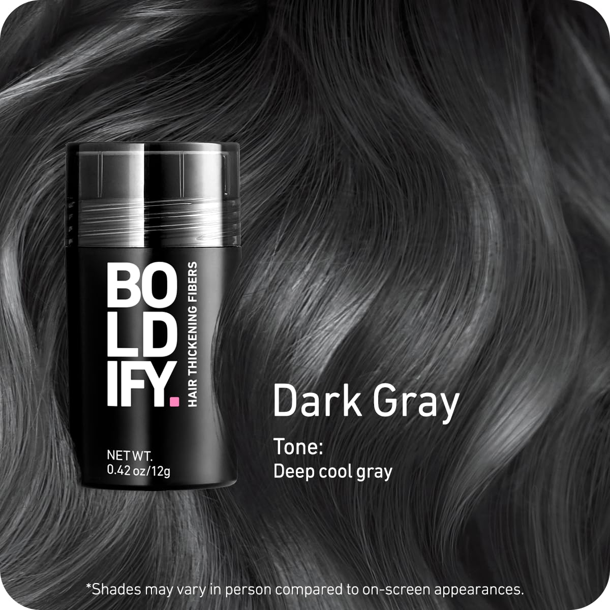Boldify dark gray fibers close-up texture highlighting soft, natural-looking build and blend