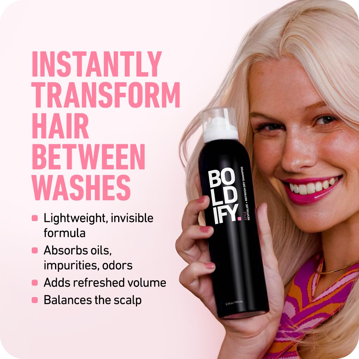 Boldify aerosol can label close-up highlighting ingredients and lightweight promise