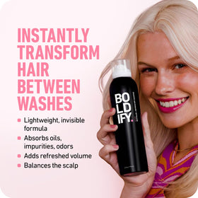 Boldify aerosol can label close-up highlighting ingredients and lightweight promise