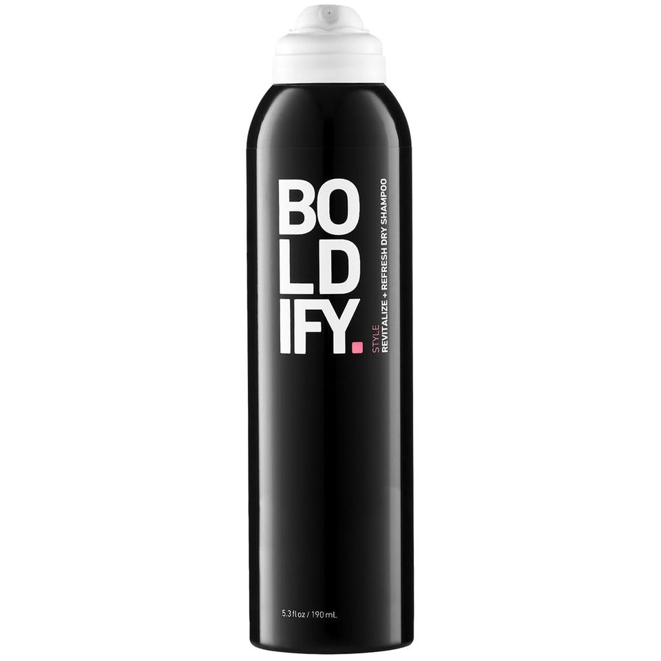 Boldify front packaging showing the dry shampoo can and branding for fast refresh