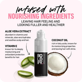 Boldify ingredients label photo highlighting coconut oil and aloe vera benefits