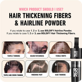 Boldify man applying fibers for thicker-looking hair confidence