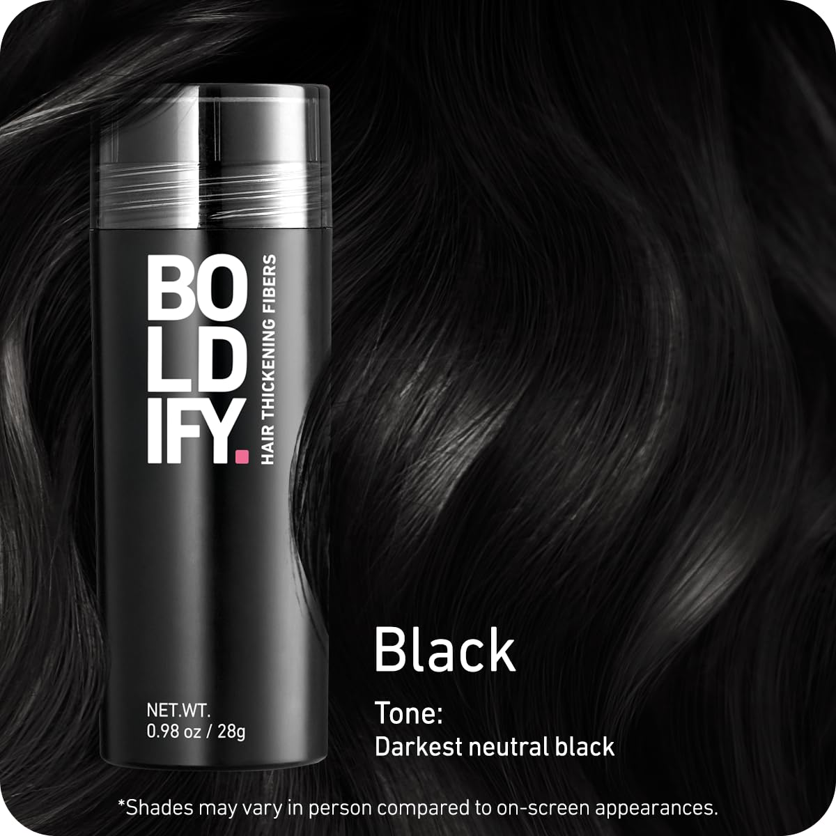Boldify open jar revealing black hair fibers for quick touch-ups