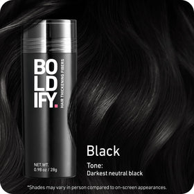 Boldify open jar revealing black hair fibers for quick touch-ups