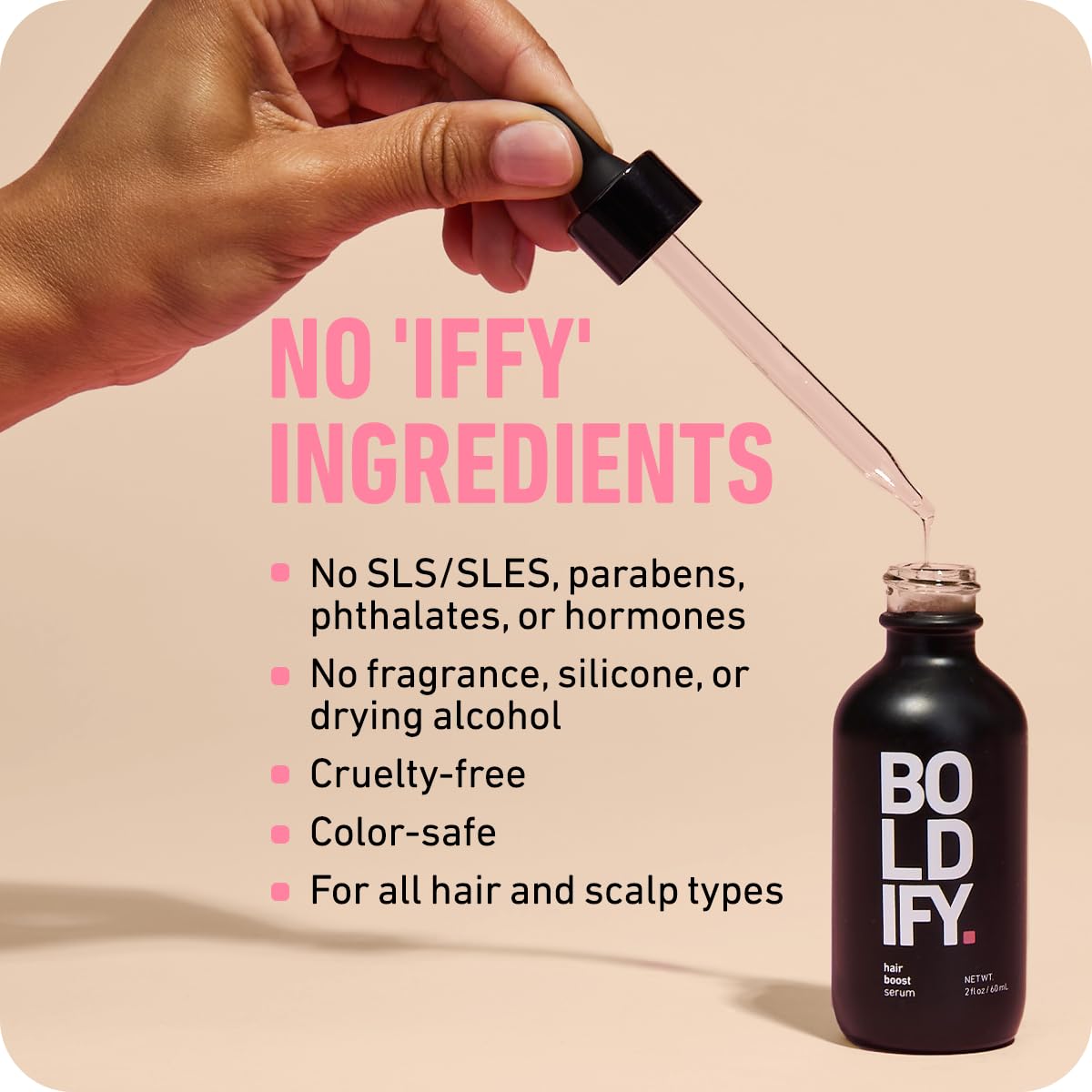 Boldify size comparison next to coin illustrating compact 2 oz travel-friendly bottle
