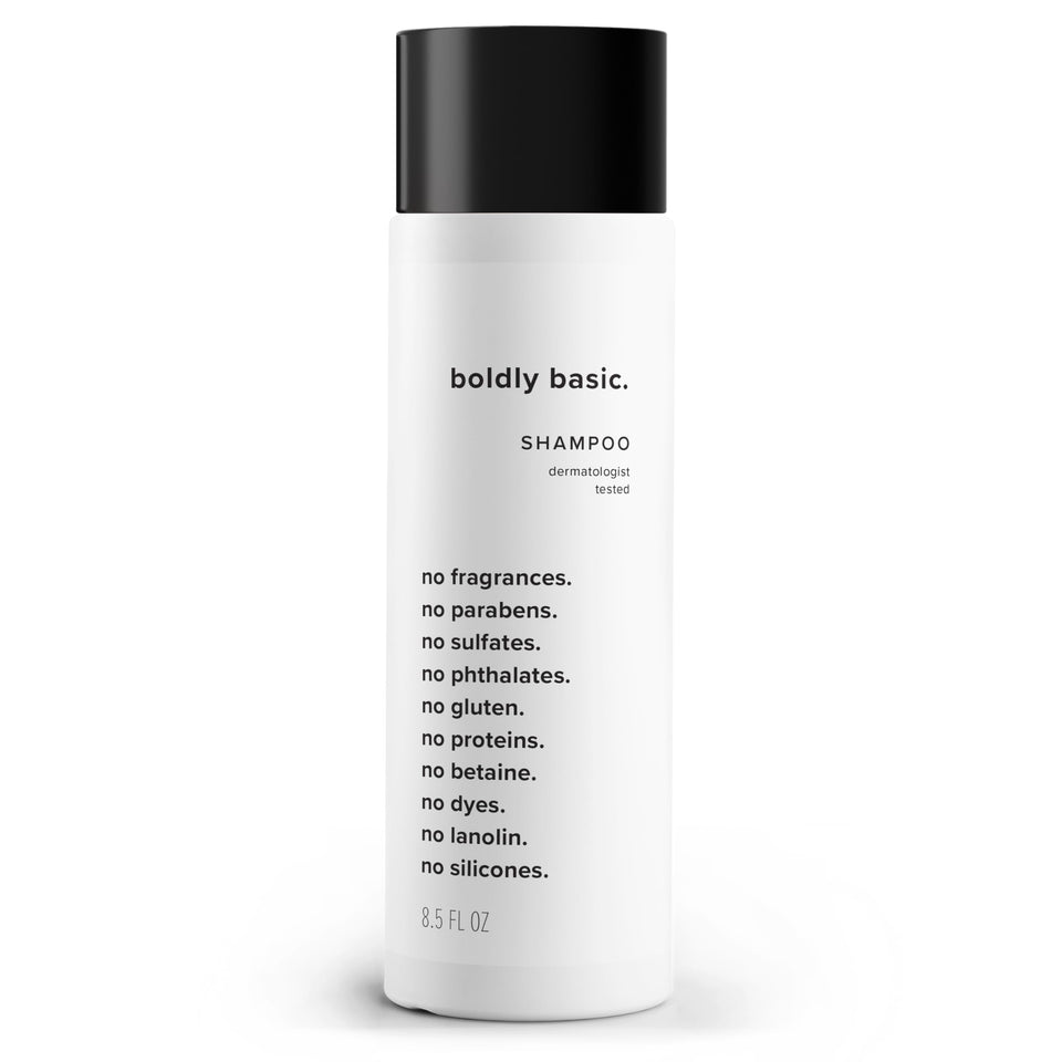 Boldly Basic front label showing unscented shampoo benefits and clean design