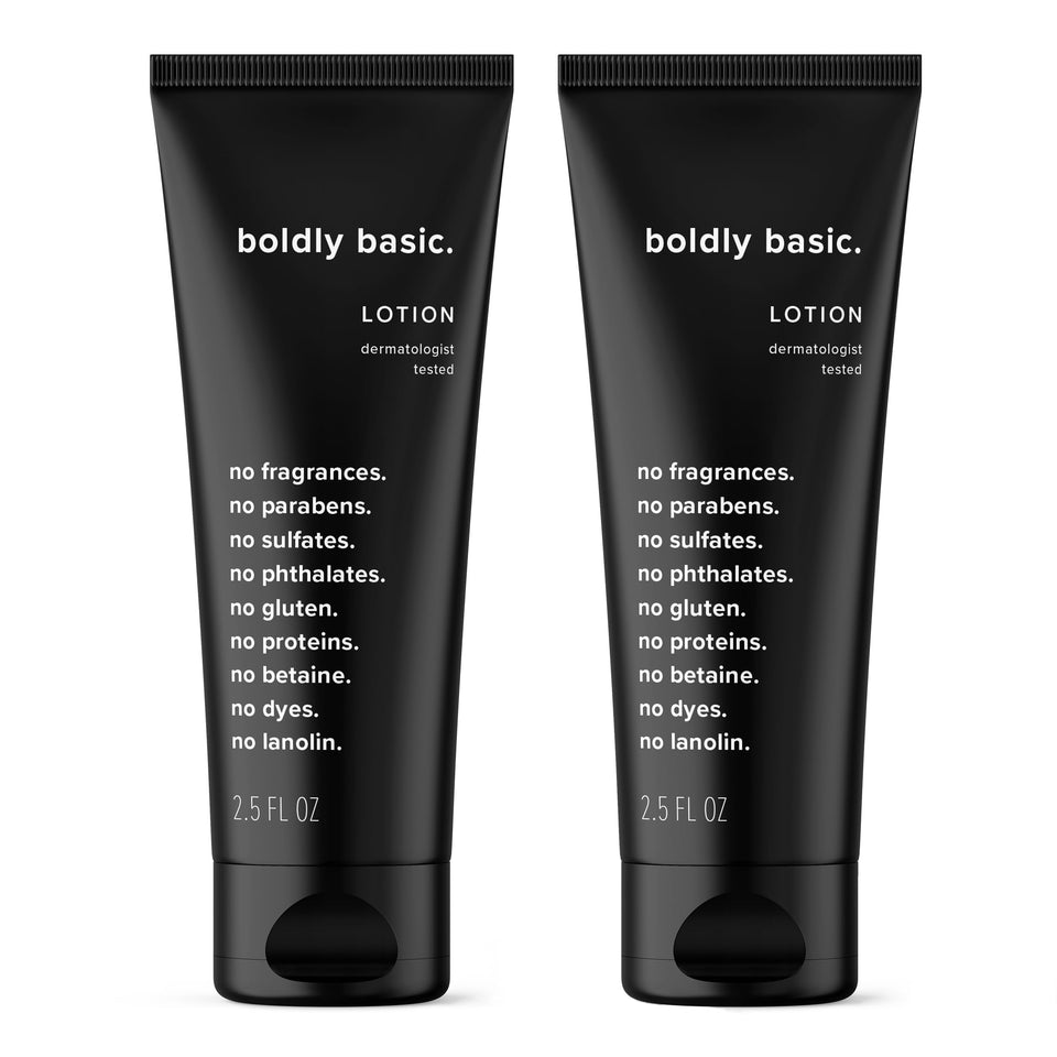 Boldly Basic front packaging showing unscented travel tubes and benefits