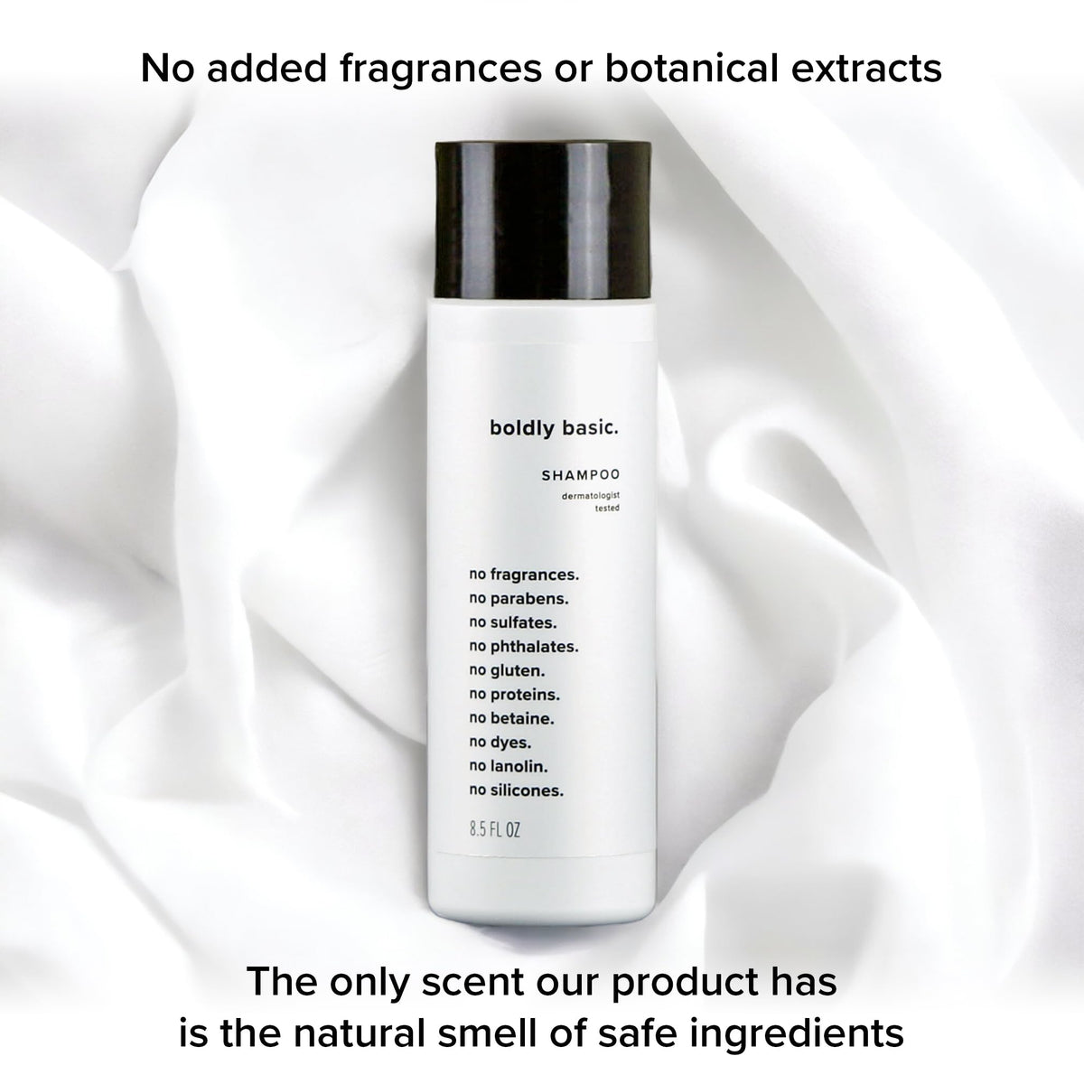 Boldly Basic shampoo on bathroom shelf presenting minimalist fragrance-free routine