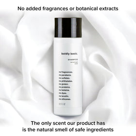 Boldly Basic shampoo on bathroom shelf presenting minimalist fragrance-free routine