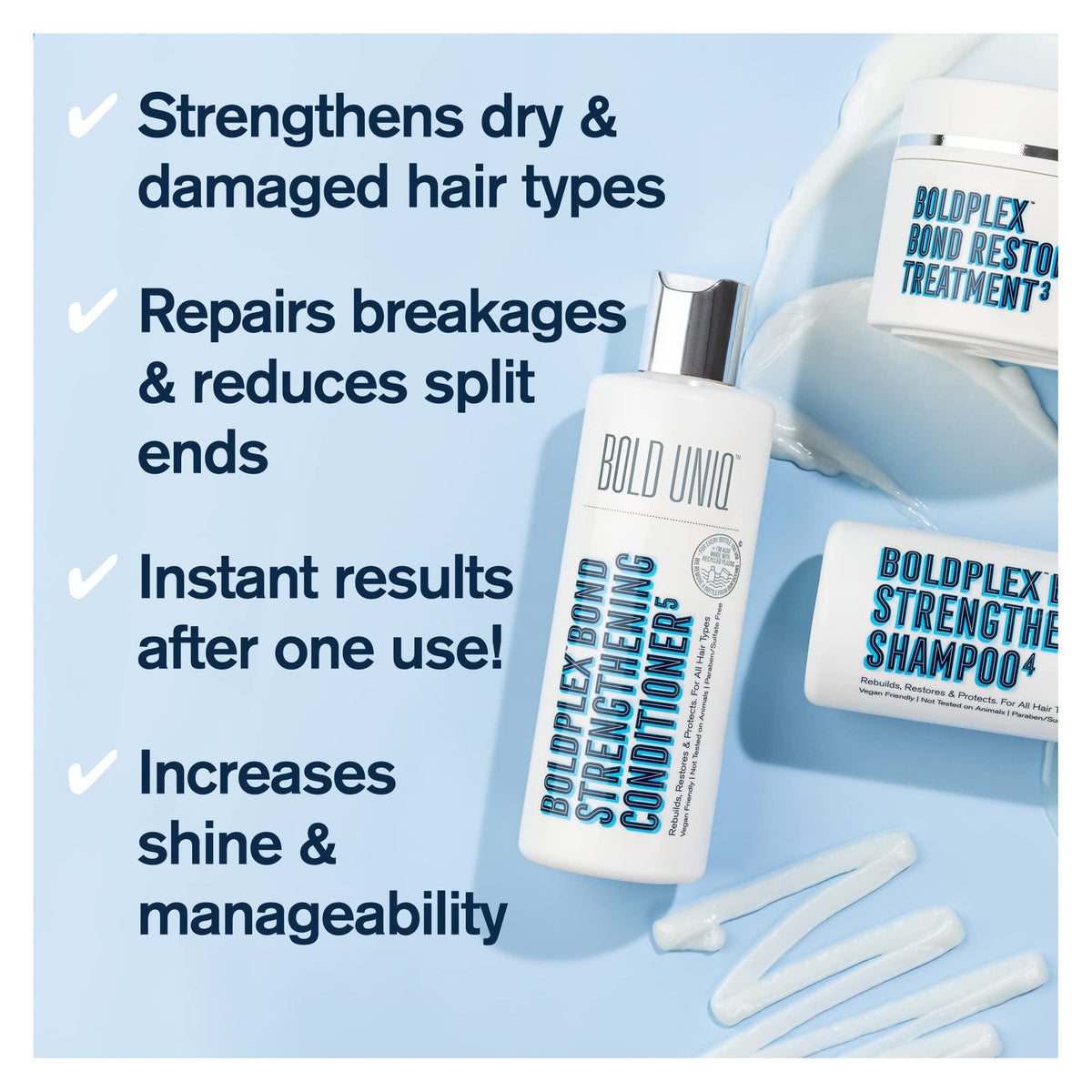 BOLD UNIQ Shampoo 4 pumped onto hand delivering cleansing and bond support