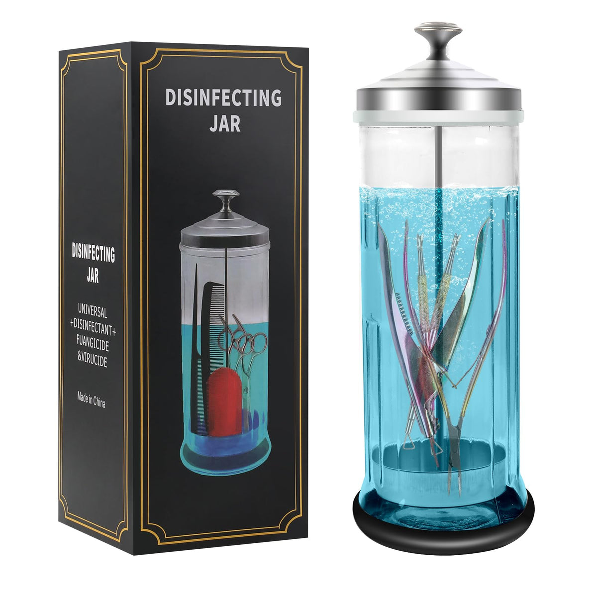 BOMOQING front view of glass barbicide jar showing clear body and lid, for hygienic tool storage