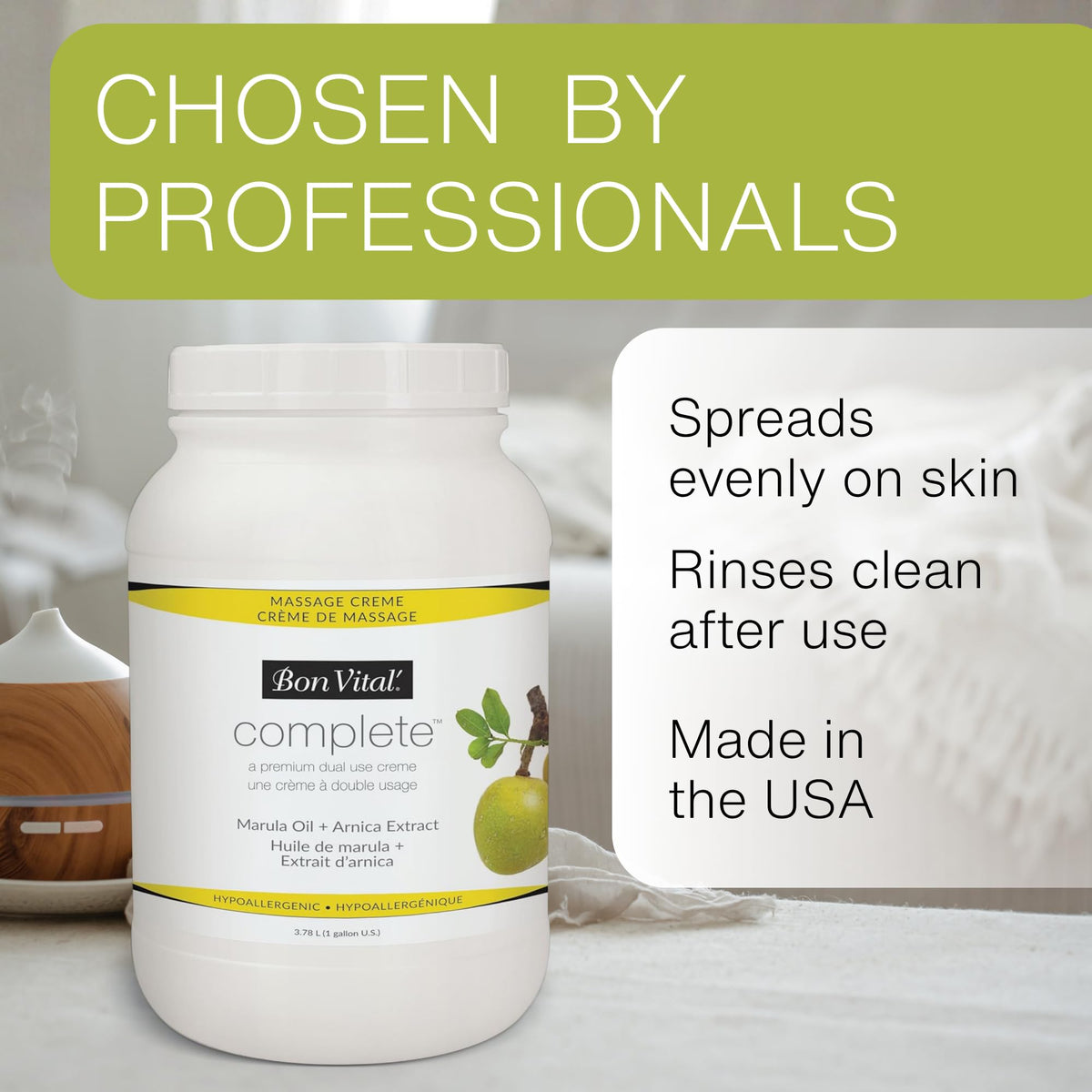 Bon Vital' in a home spa scene conveying versatile use and calming, unscented environment