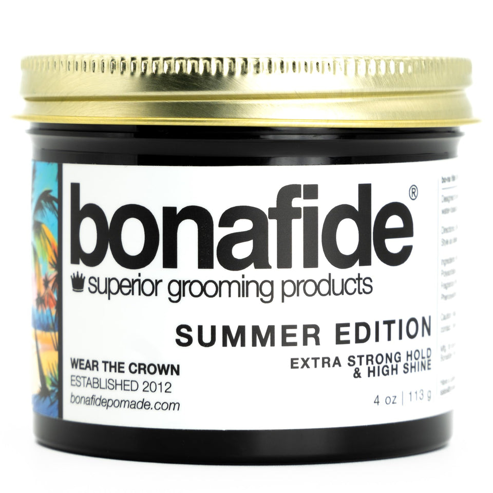 Bona Fide Pomade front packaging showing branding and summer edition benefits