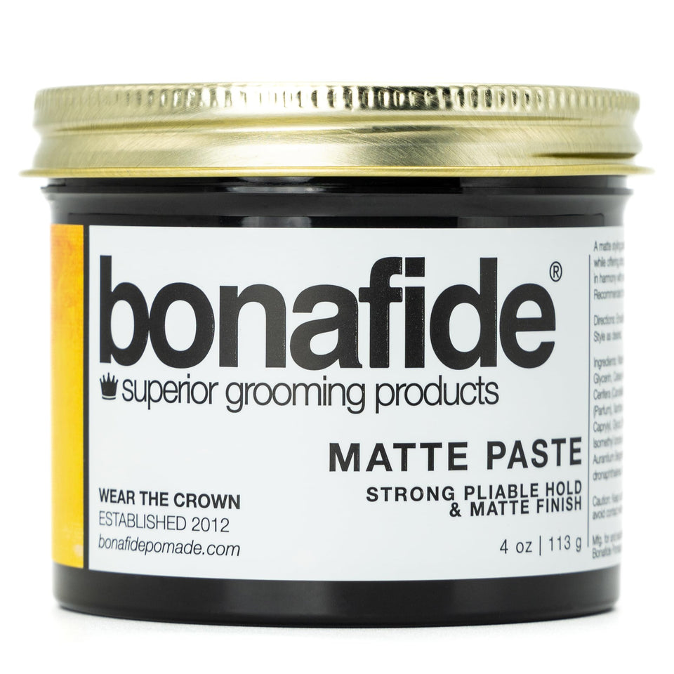 Bona Fide Pomade front packaging showing matte paste jar and branding benefit easy identification
