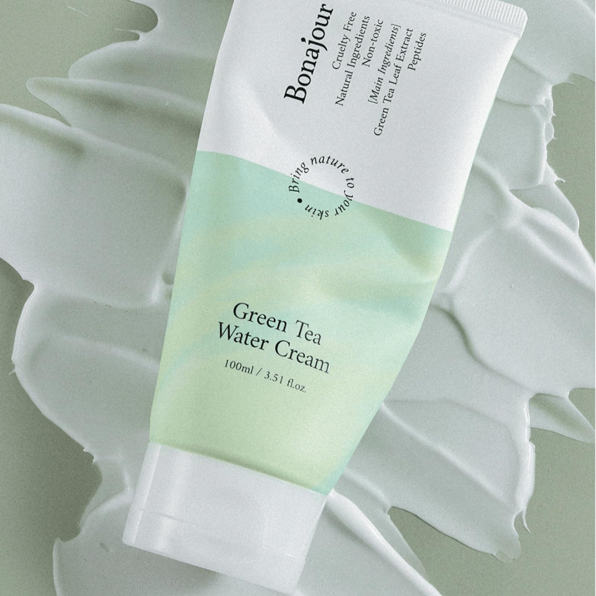 BONAJOUR green tea leaves and cream representing Jeju ingredient benefits