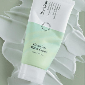 BONAJOUR green tea leaves and cream representing Jeju ingredient benefits