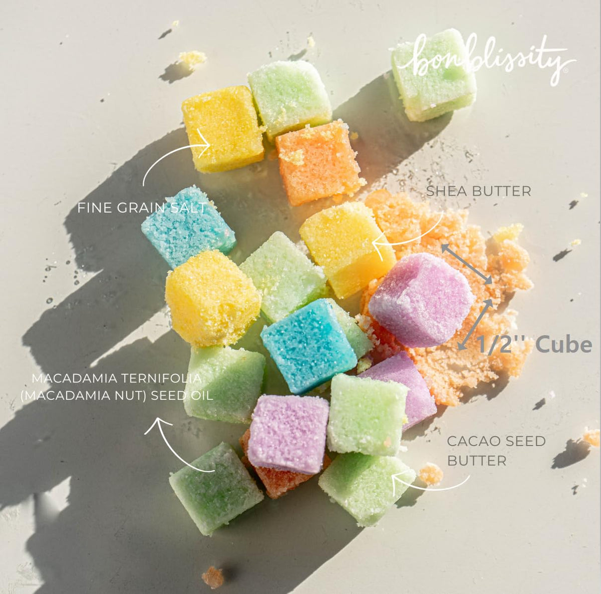 Bonblissity cube close-up texture revealing sugar grains and buttery blend for gentle exfoliation