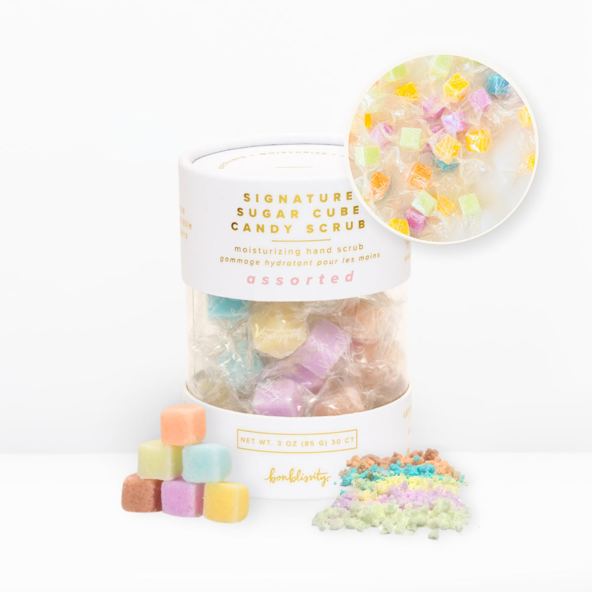 Bonblissity front packaging showing 30 wrapped sugar scrub cubes and branding for easy gifting