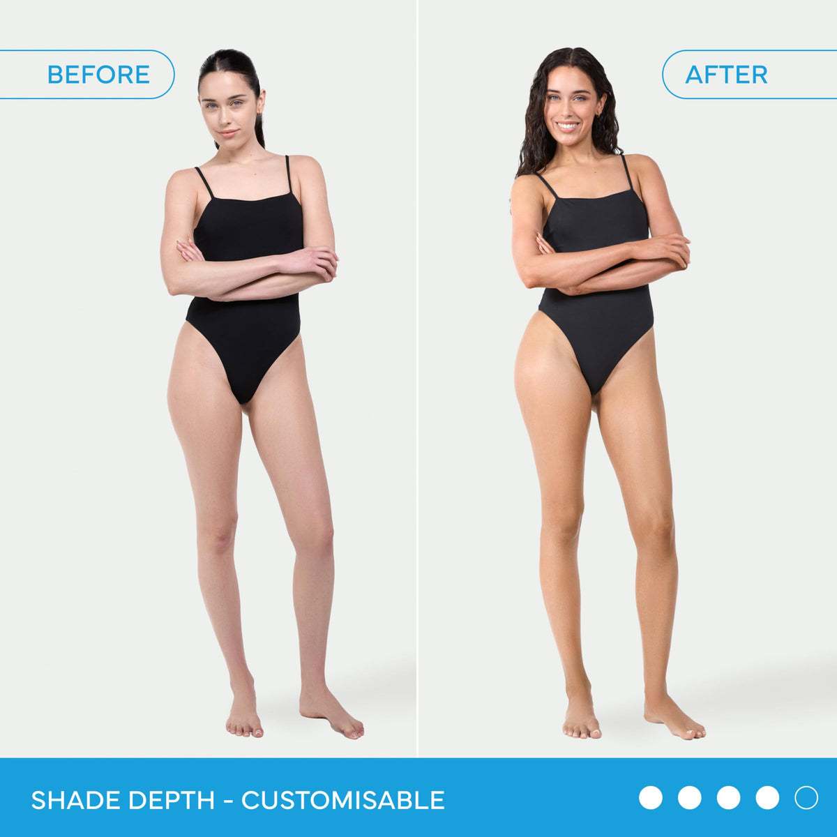 Bondi Sands before and after legs showing clear bronzed transformation benefit
