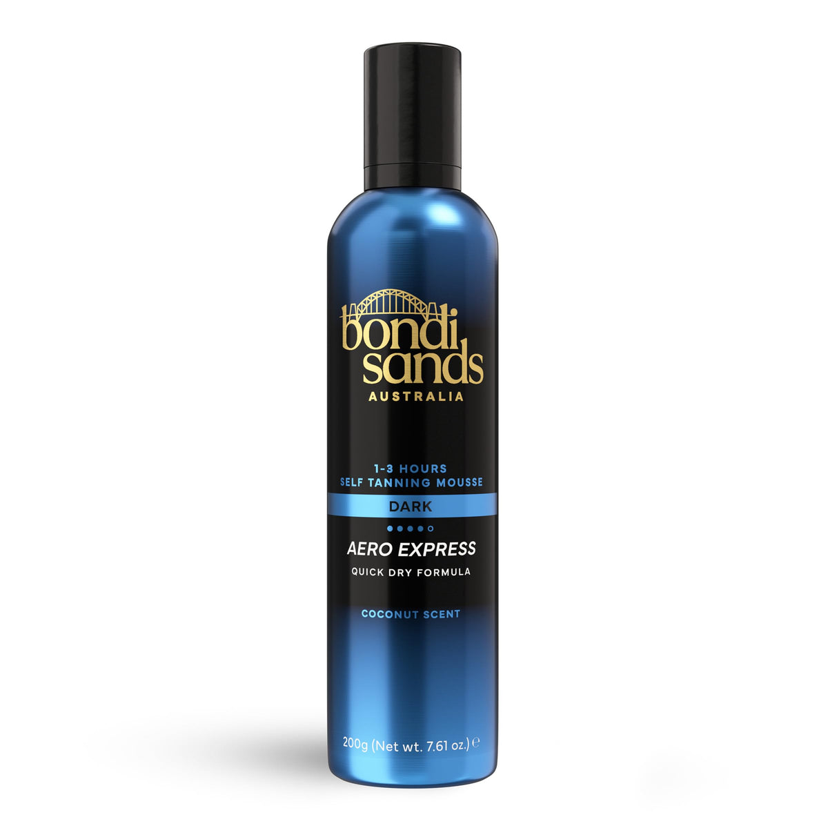 Bondi Sands aerosol can front view showing sleek packaging and quick-tan benefit