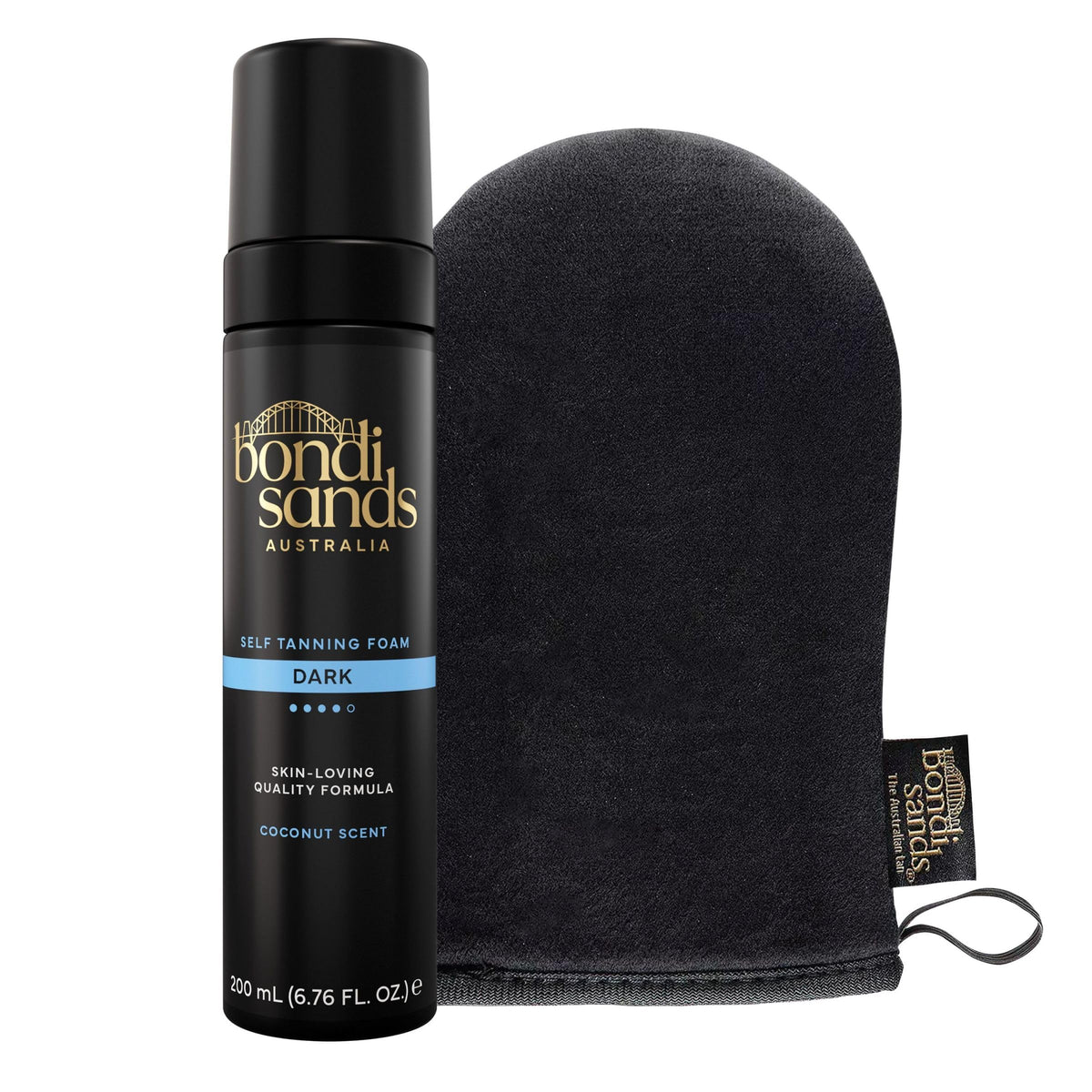 Bondi Sands front packaging showing dark self tanning foam and mitt, quick application