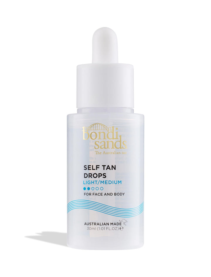 Bondi Sands front packaging showing compact tan drops bottle and label benefits