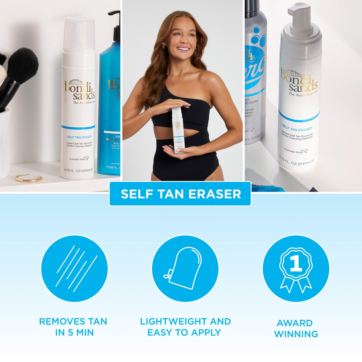 Bondi Sands foam texture pumped on fingers for easy removal