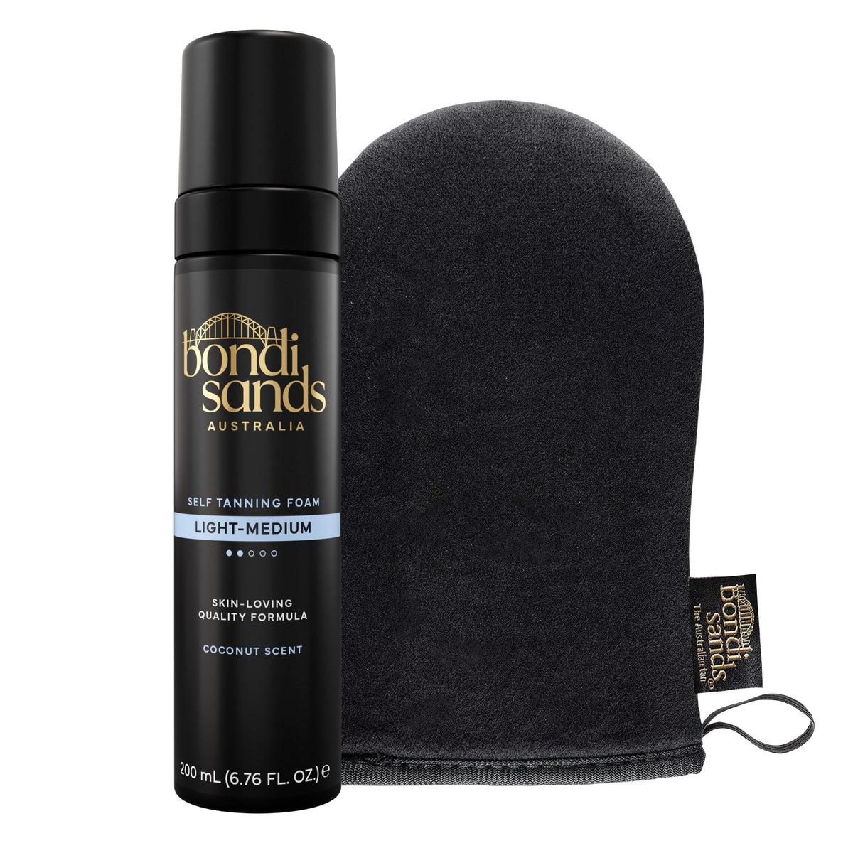Bondi Sands front packaging showing foam can and mitt for easy application