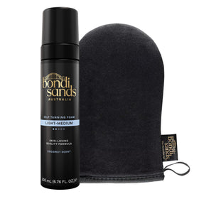 Bondi Sands front packaging showing foam can and mitt for easy application