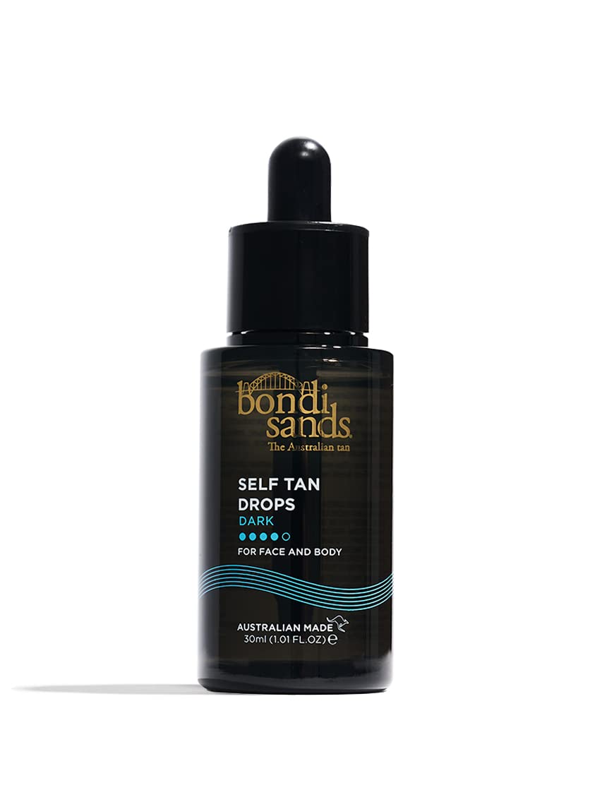 Bondi Sands front packaging showing dark self tan drops and dropper benefit precision