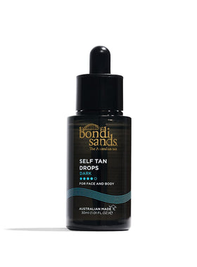 Bondi Sands front packaging showing dark self tan drops and dropper benefit precision