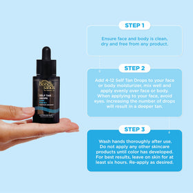 Bondi Sands bottle next to hand showing 1.01 fl oz size for travel-friendly benefit