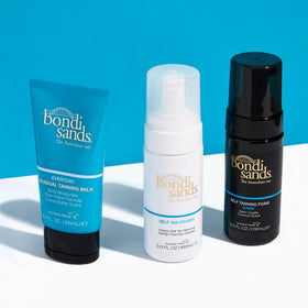 Bondi Sands bottle on bathroom counter showing easy prep for reapplication