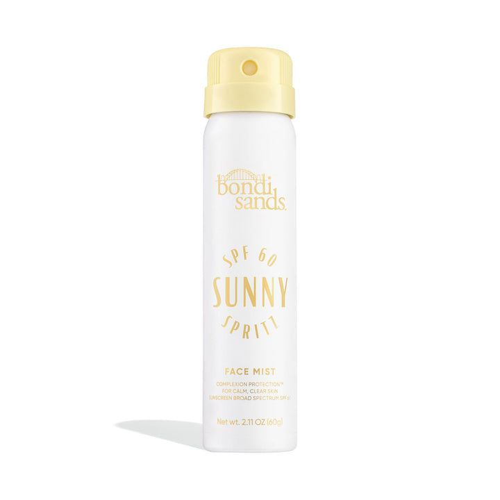 Bondi Sands front packaging showing compact SPF 60 mist and benefit